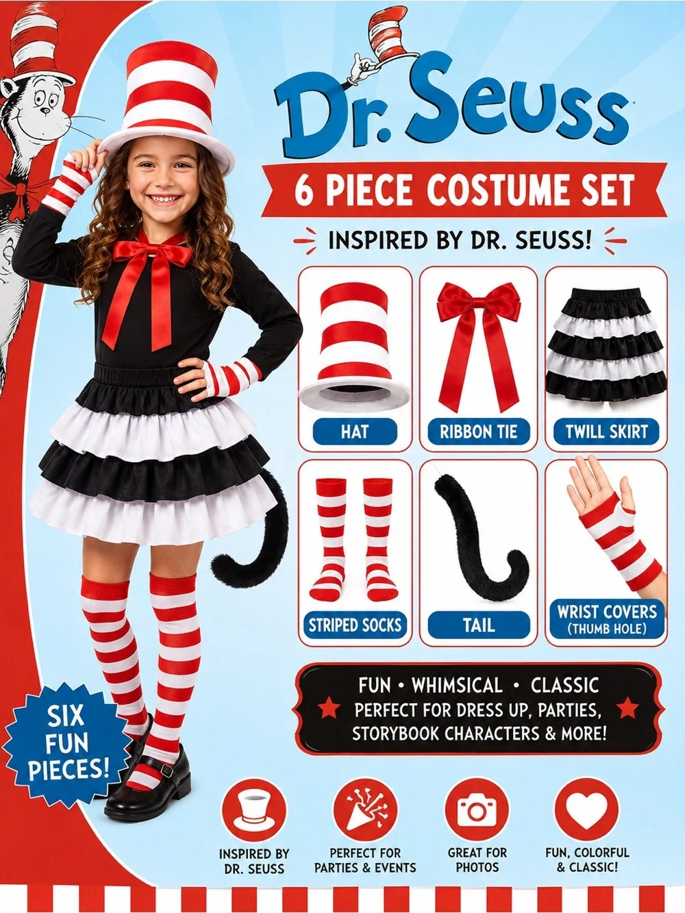 Dr. Seuss Black, White & Red Cat-Inspired Kids Costume Set